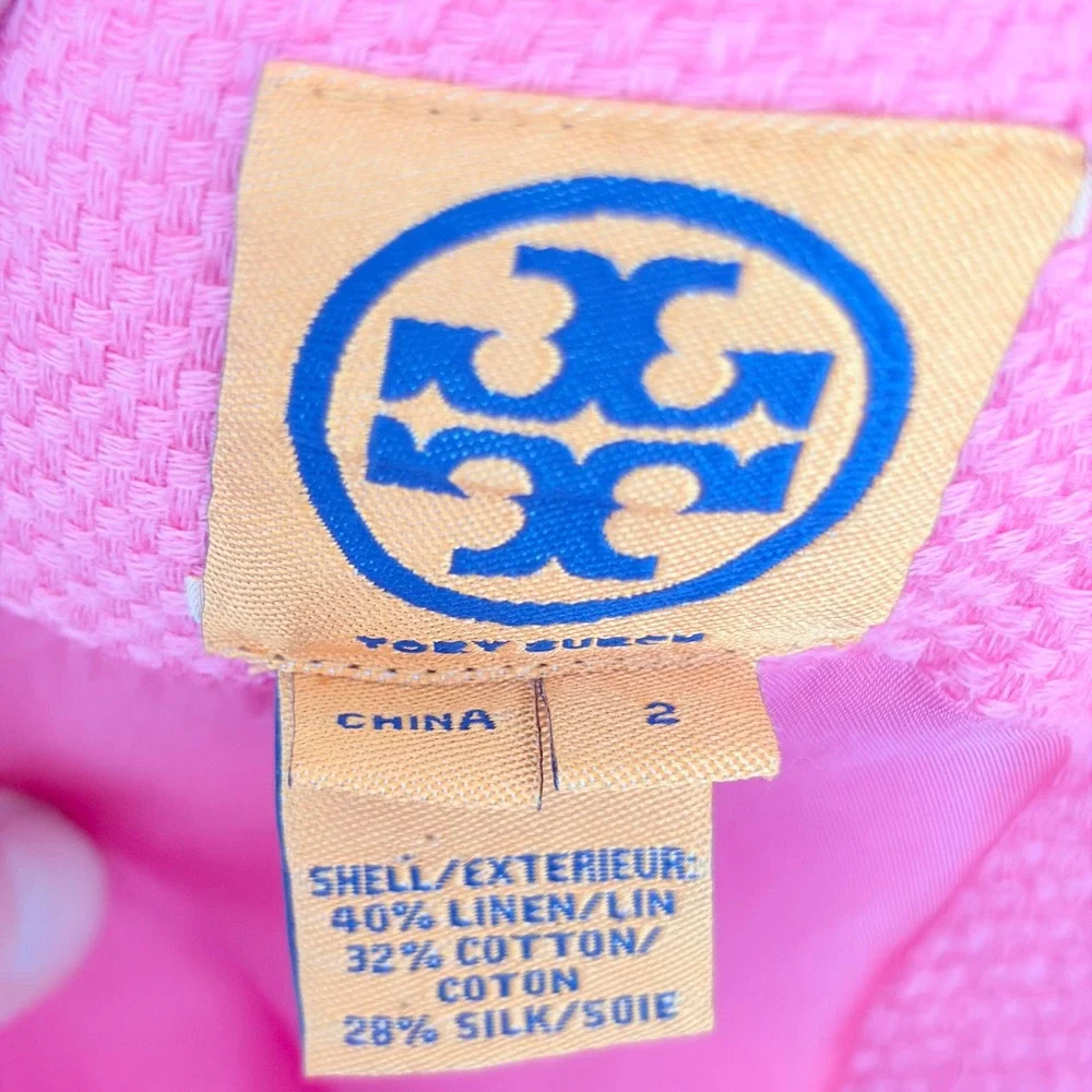 Tory Burch Sheath Dress 2 Preppy Pink Linen Silk Cotton Sleeveless Textured Knee